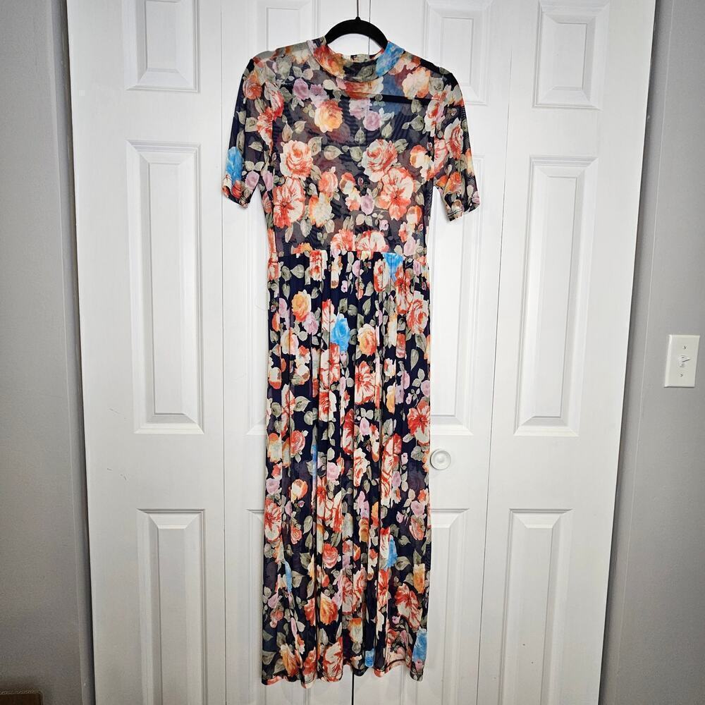 Floral Mesh Short-Sleeve Maxi Dress - Navy Floral